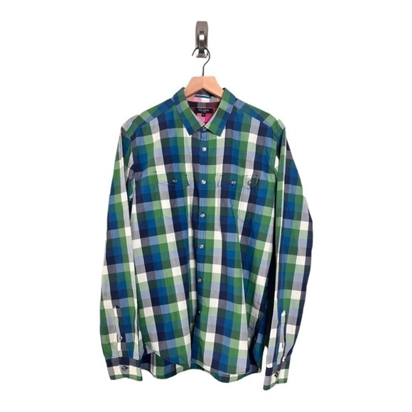 Ted Baker Green Red Checkered Contrast Cuffs Button Down Untucked Mens Shirt - Picture 2 of 13